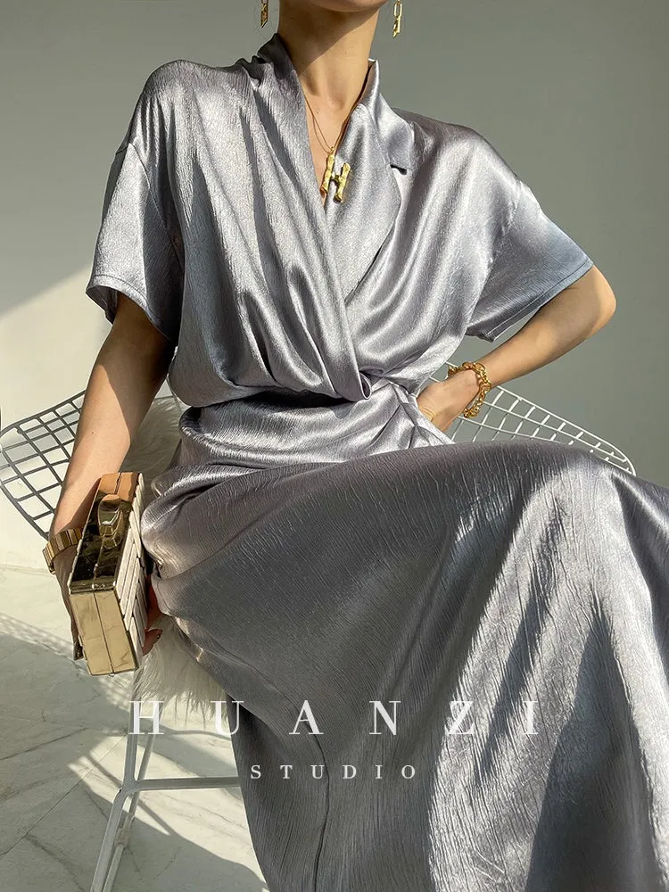 HUANZI custom designer high-end glossy silky elegant dress -Diana Pearl Gray