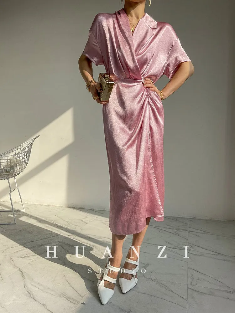 HUANZI custom designer high-end glossy silky elegant dress -Diana Pearl Gray