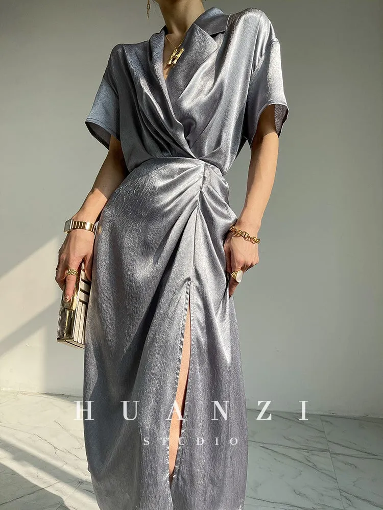 HUANZI custom designer high-end glossy silky elegant dress -Diana Pearl Gray