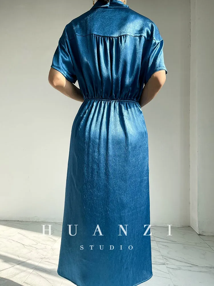 HUANZI custom designer high-end glossy silky elegant dress -Diana Pearl Gray