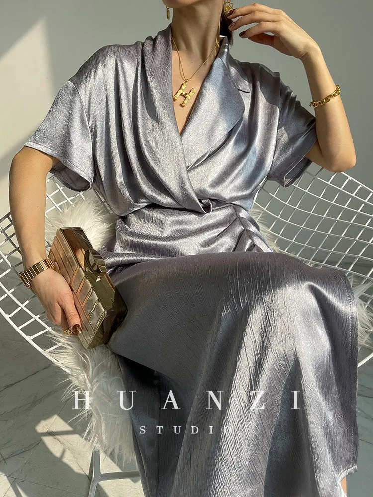 HUANZI custom designer high-end glossy silky elegant dress -Diana Pearl Gray