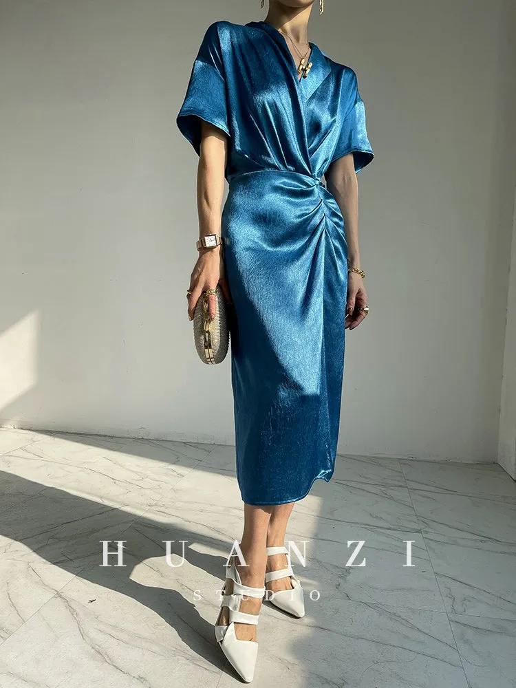 HUANZI custom designer high-end glossy silky elegant dress -Diana Pearl Gray