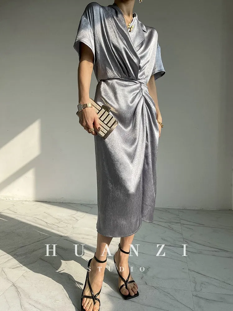 HUANZI custom designer high-end glossy silky elegant dress -Diana Pearl Gray