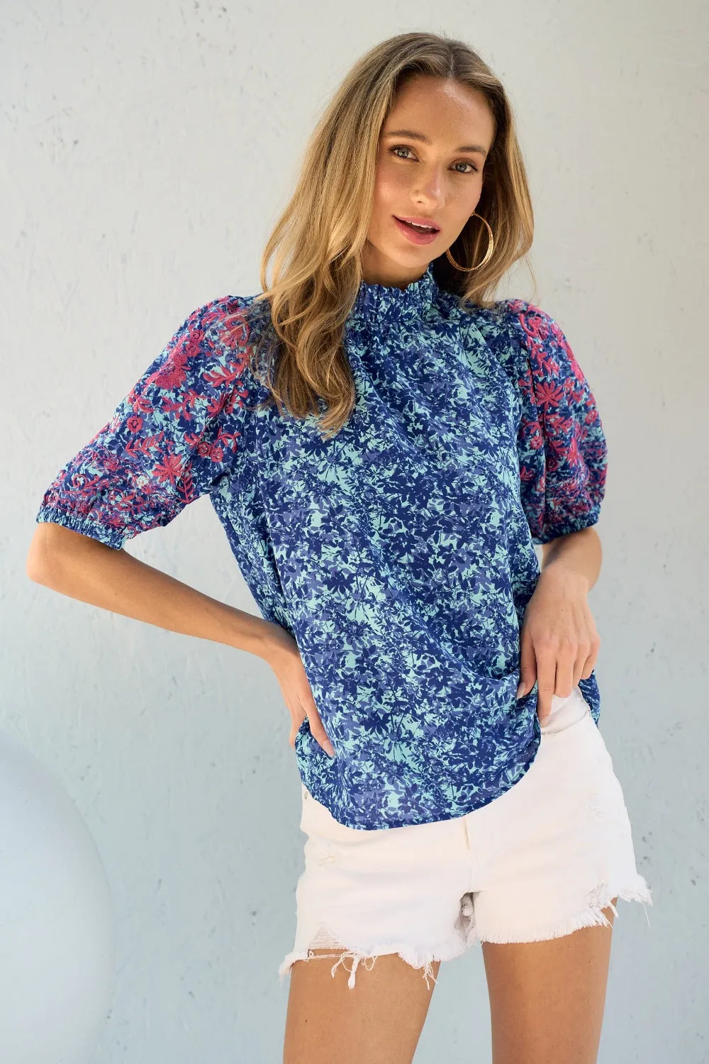 Jessica Embroidered Puff Sleeve Printed Blouse