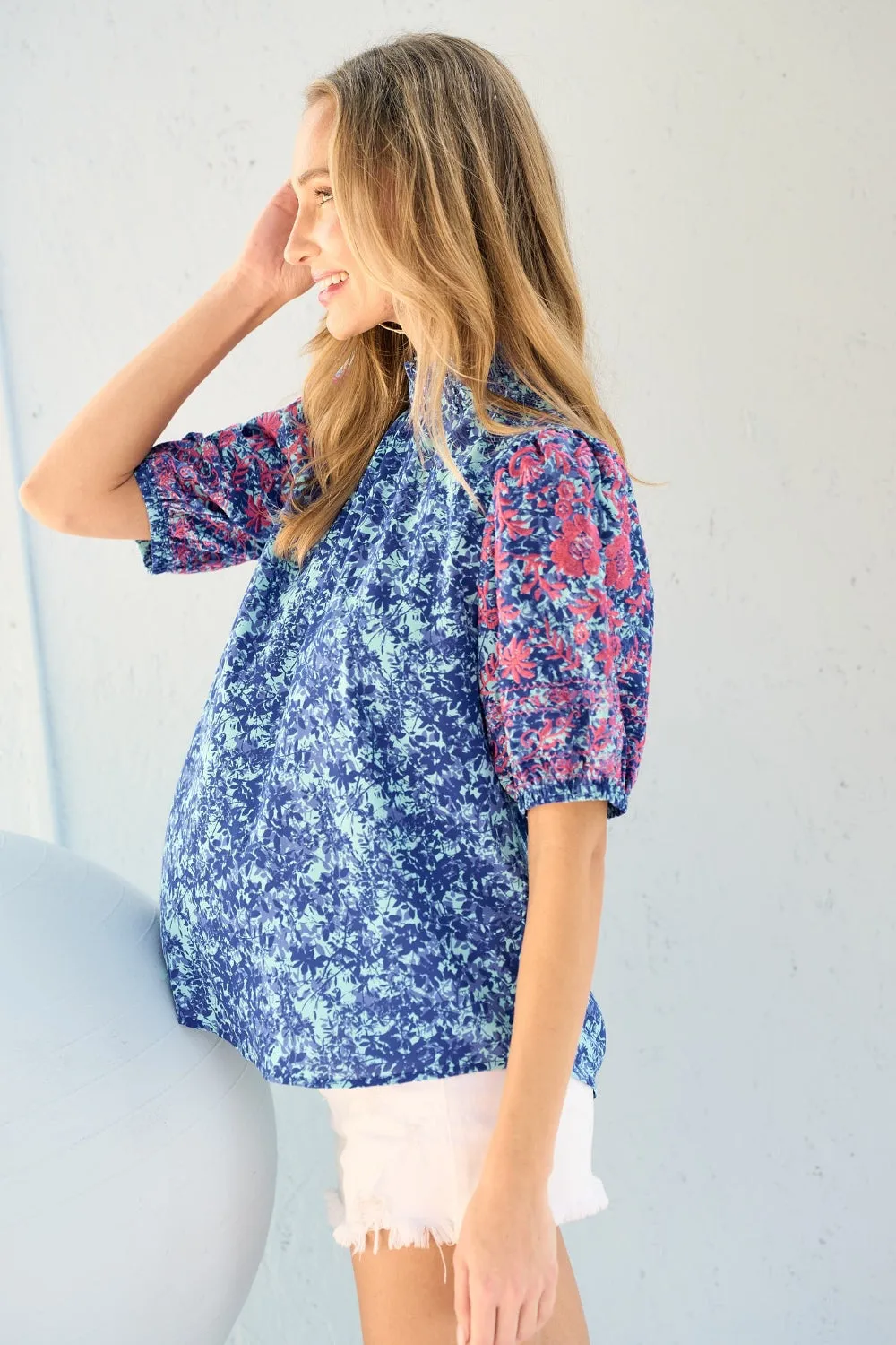 Jessica Embroidered Puff Sleeve Printed Blouse