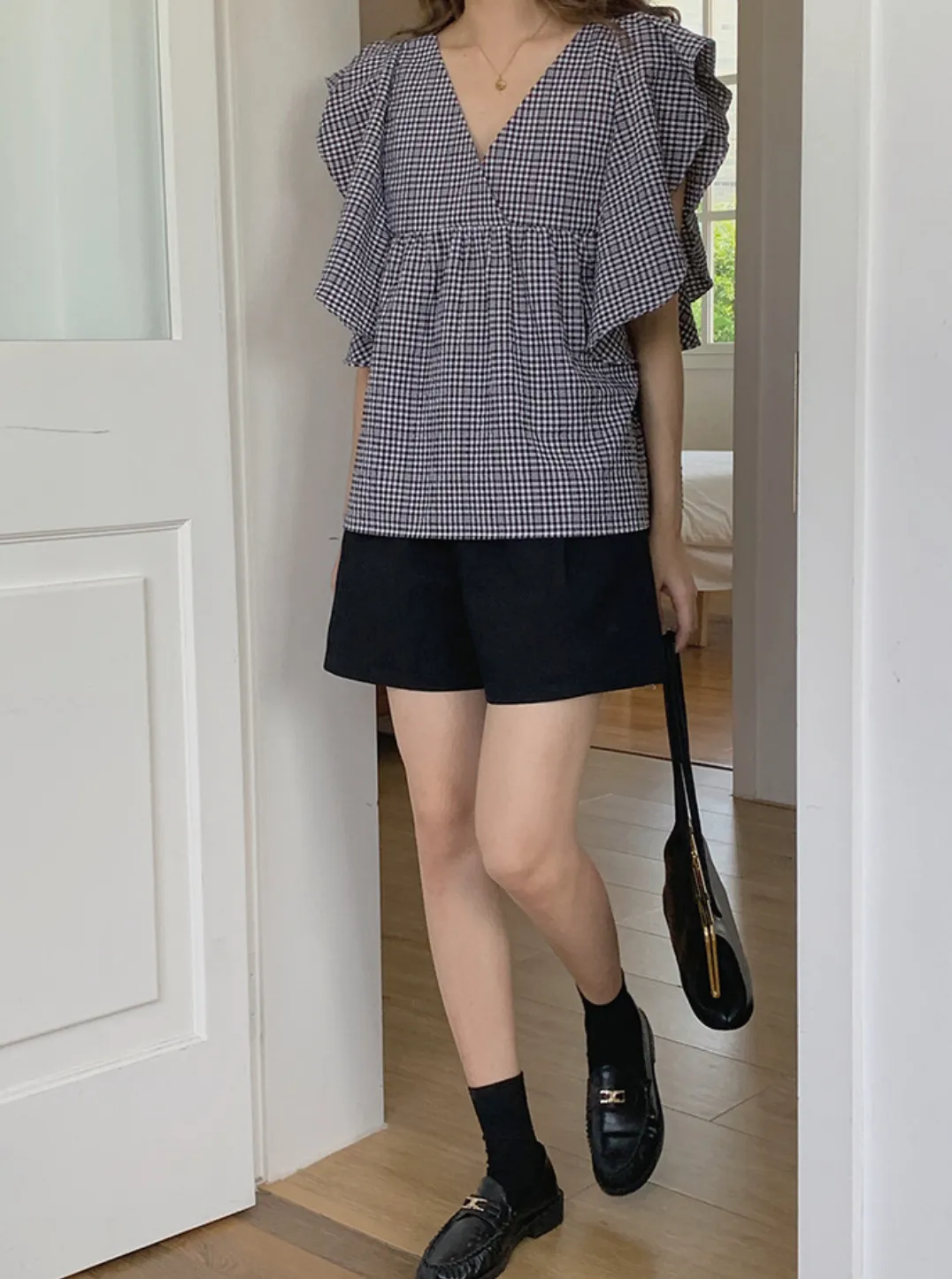 [Korean Style] Butterfly Sleeve V-neck Ruffle Blouse