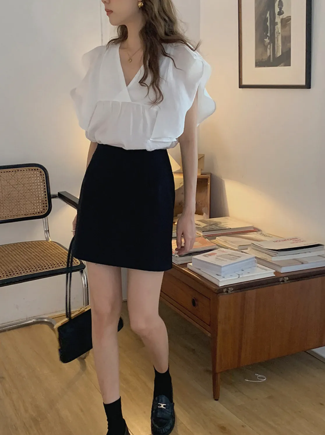 [Korean Style] Butterfly Sleeve V-neck Ruffle Blouse