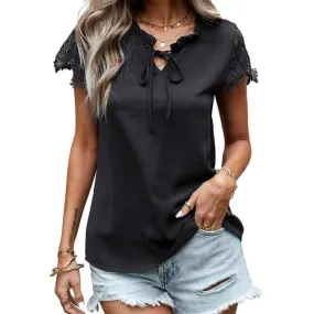 Lace Solid Color Wholesale Women Blouses Casual Short Sleeve Shirts