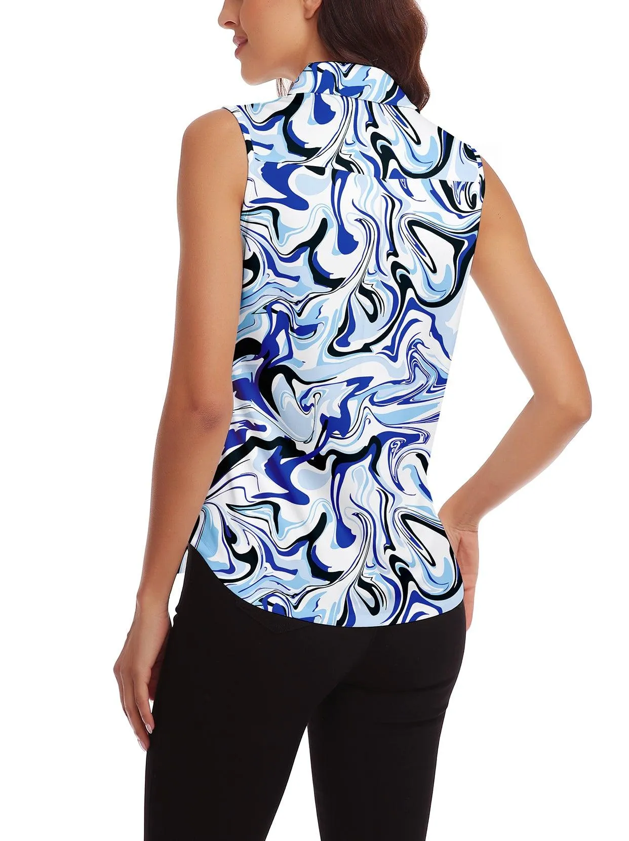 Ladies Golf Sleeveless Floral Athletic Polo Shirts-Blue-black Fluid Color Shirts Moisture Wicking Tennis Shirts Dry Fit