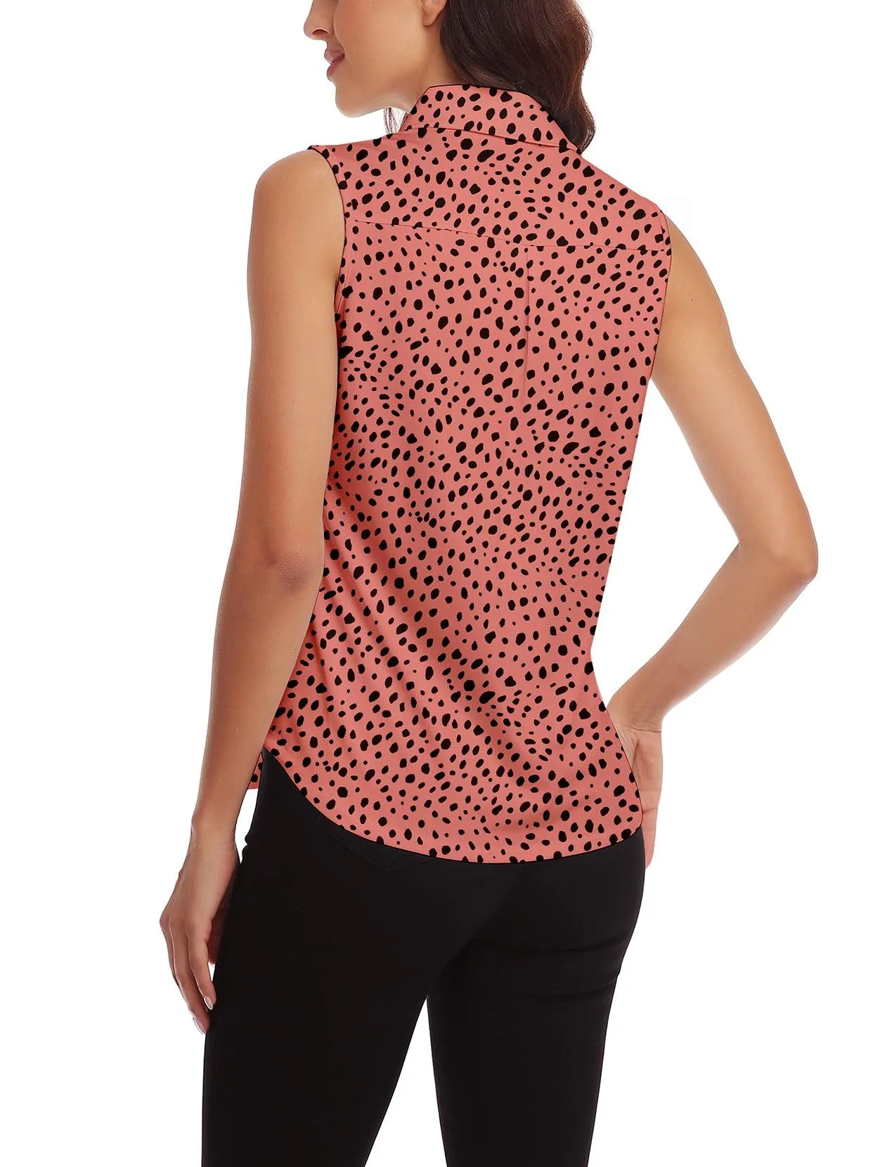 Ladies Golf Sleeveless Floral Athletic Polo Shirts-Pink-orange Spots Shirts Moisture Wicking Tennis Shirts