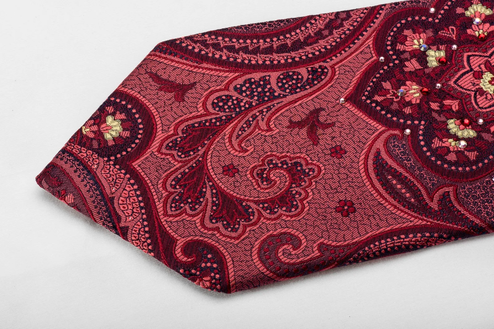 Lancetti Men's Crystal Silk Tie Paisley On Burgundy Sparkling With Rhinestones