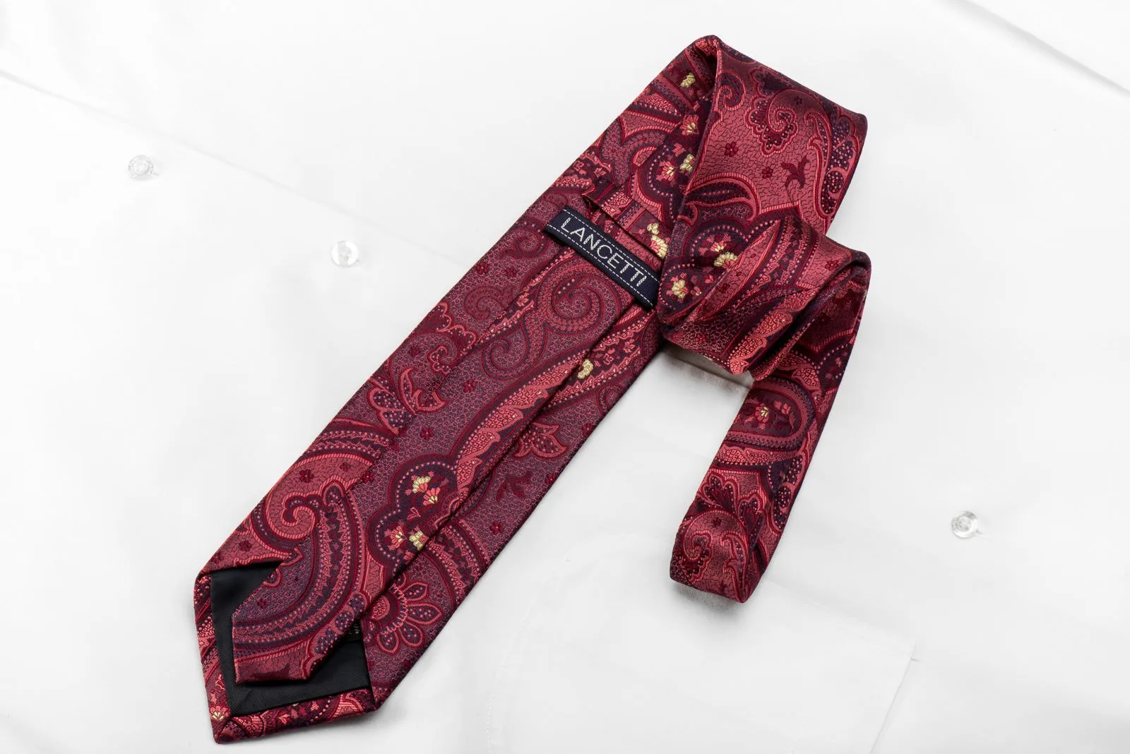 Lancetti Men's Crystal Silk Tie Paisley On Burgundy Sparkling With Rhinestones