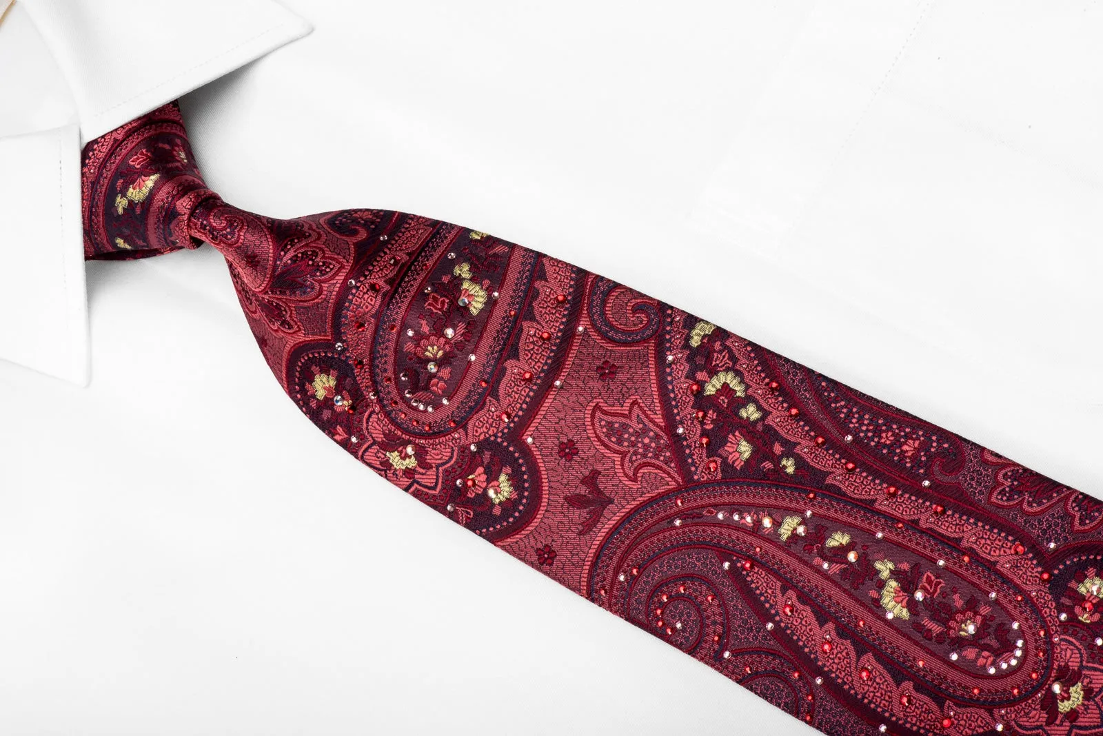 Lancetti Men's Crystal Silk Tie Paisley On Burgundy Sparkling With Rhinestones