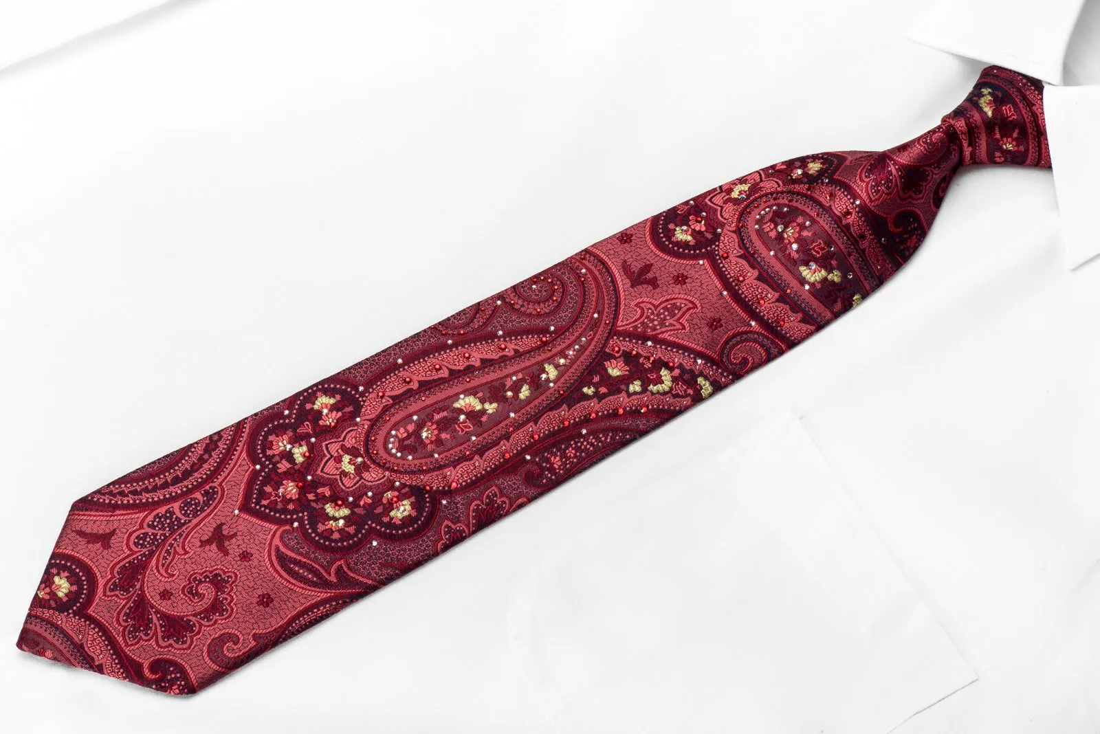 Lancetti Men's Crystal Silk Tie Paisley On Burgundy Sparkling With Rhinestones