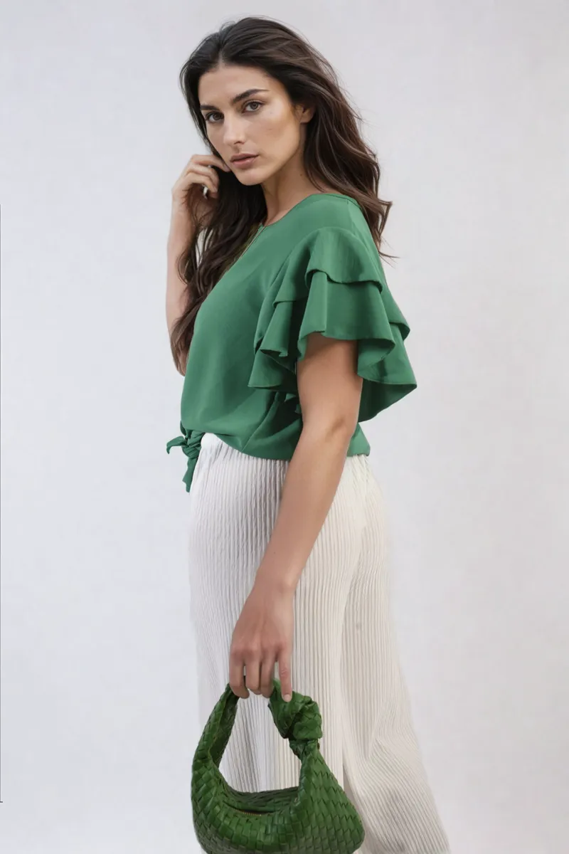 Layered Ruffle Short Sleeve Tie Front Top