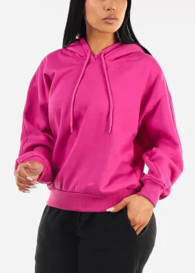 Long Sleeve Relaxed Fit Fleece Pullover Hoodie Magenta