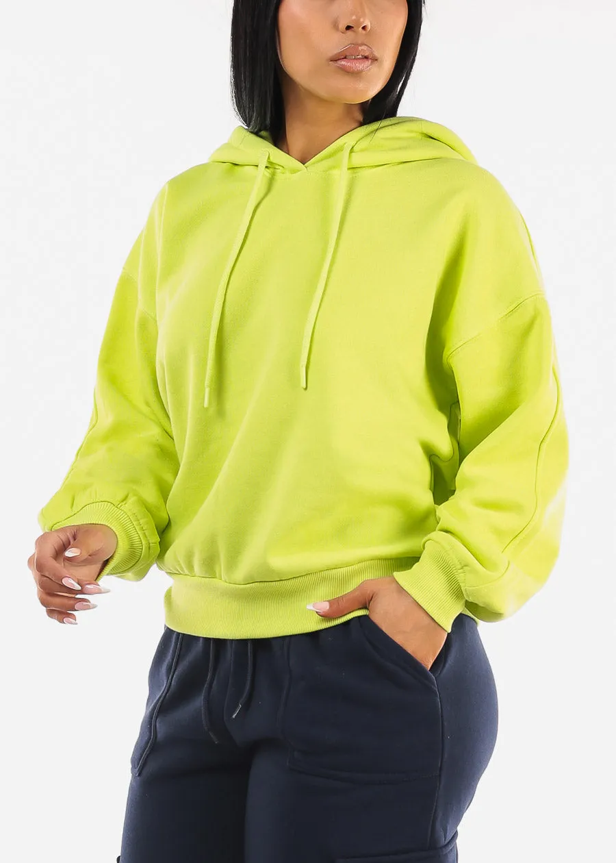 Long Sleeve Relaxed Fit Fleece Pullover Hoodie Neon Green