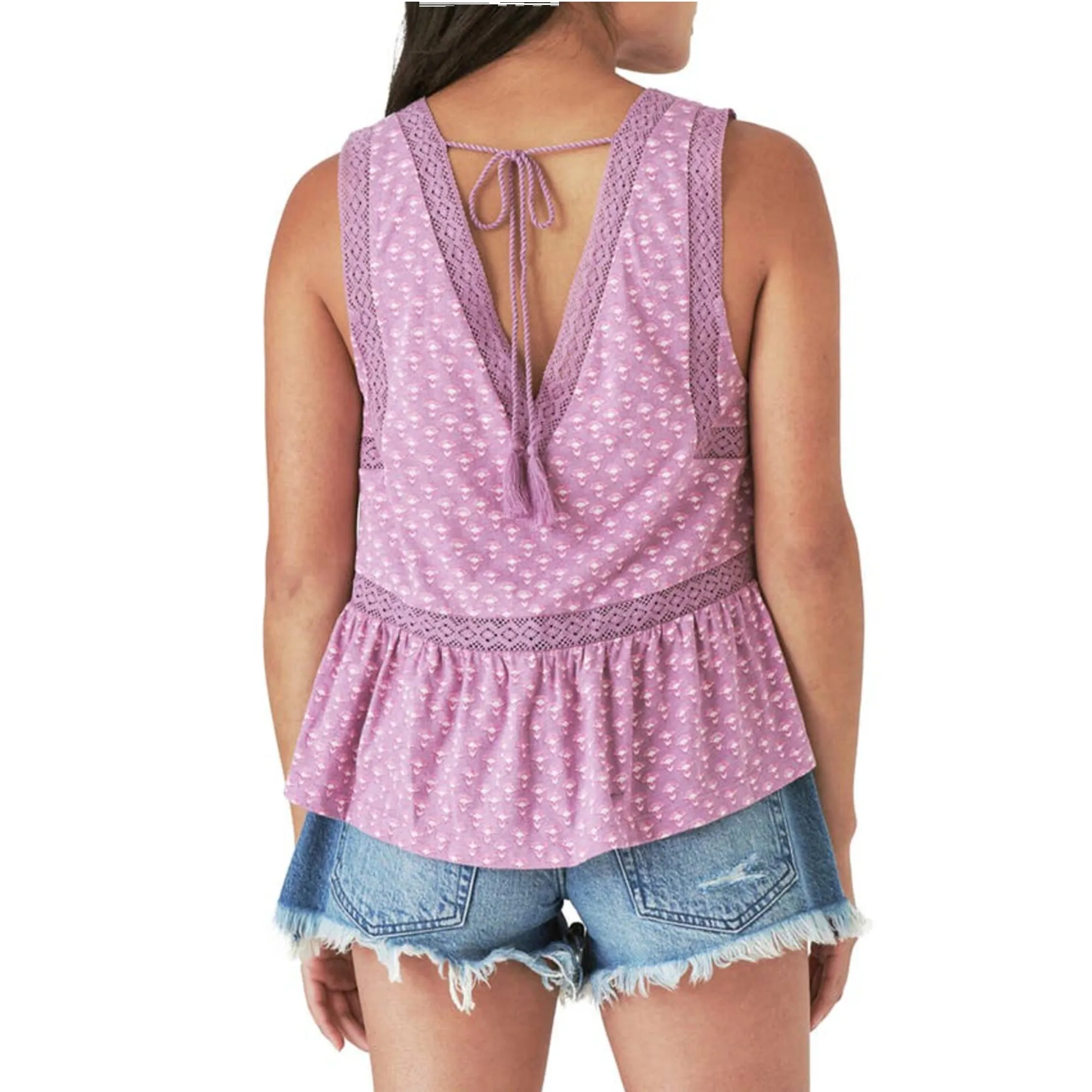 Lucky Brand Women's Geo Lace Trim V-Neck Ruffle Hem Cotton Tank Top