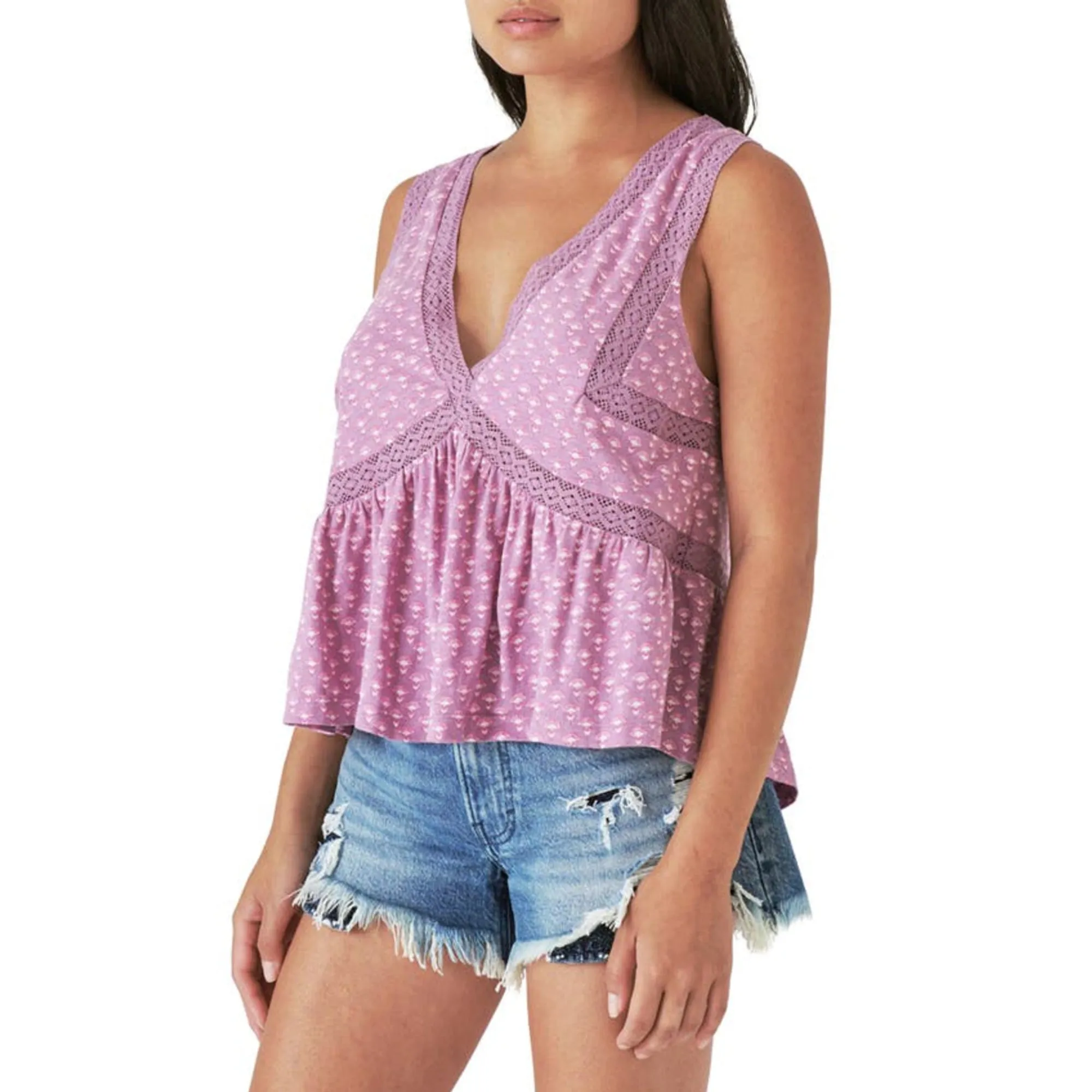 Lucky Brand Women's Geo Lace Trim V-Neck Ruffle Hem Cotton Tank Top