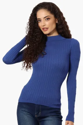 Magazine Ribbed Mock Neck Long Sleeve Top - Blue