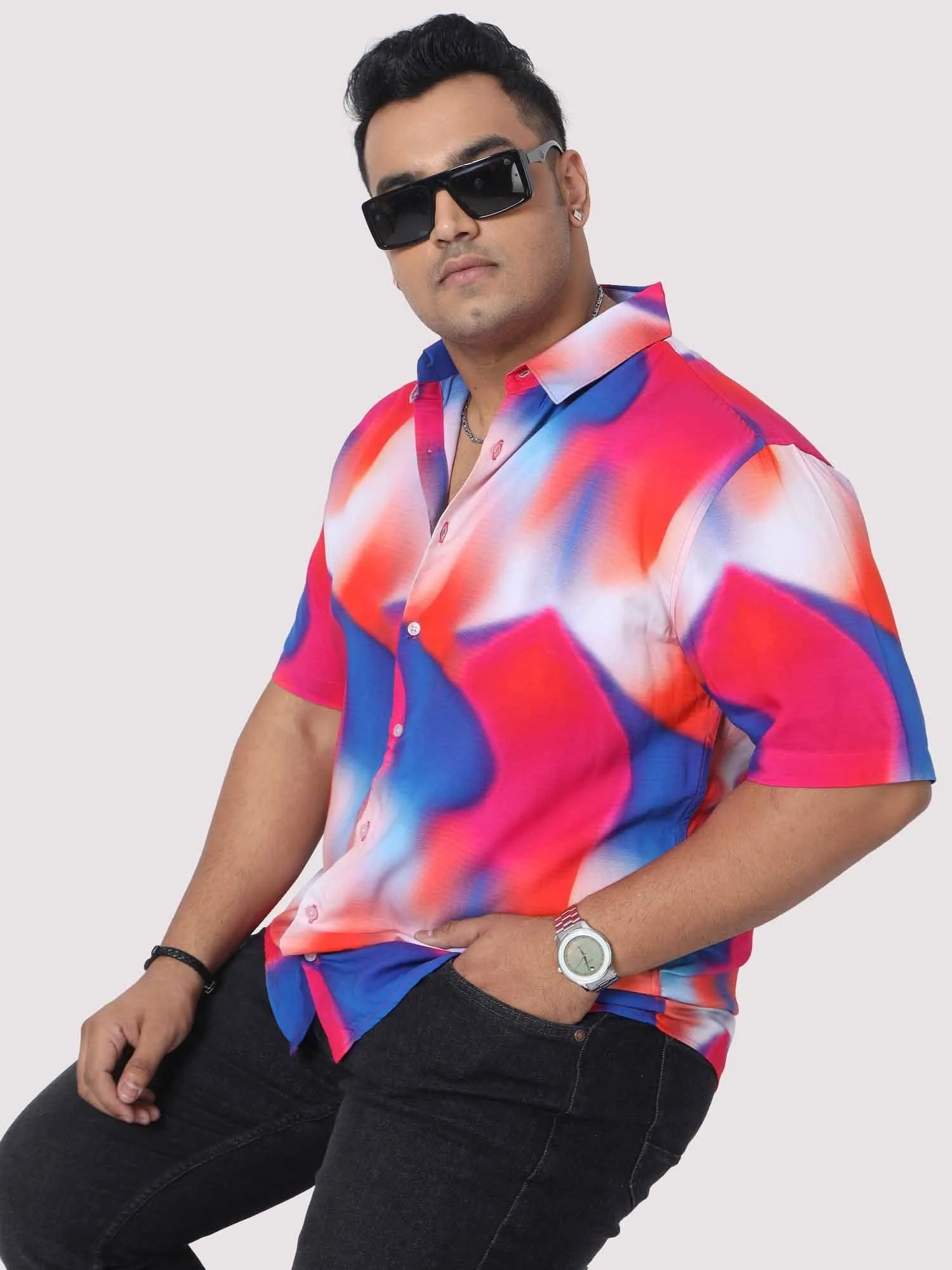 Men Plus Size Volcano Blue Digital Printed Half Shirt