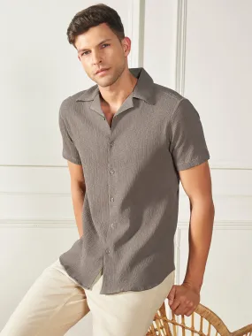 Men's Brown Cuban collar Textured Cotton Poly Casual Shirt