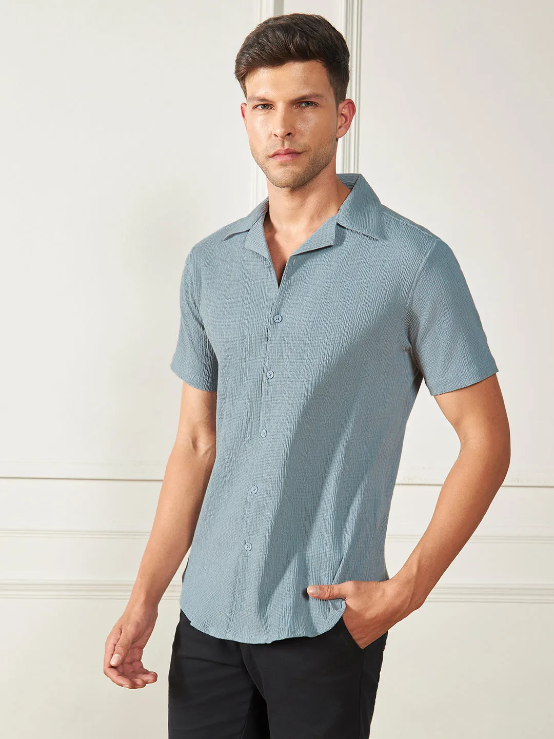 Men's Grey Cuban Collar Textured Cotton Poly Casual Shirt