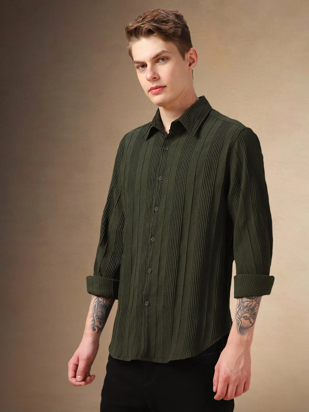 Men's Olive Textured Spread Collar Full Sleeves Shirt