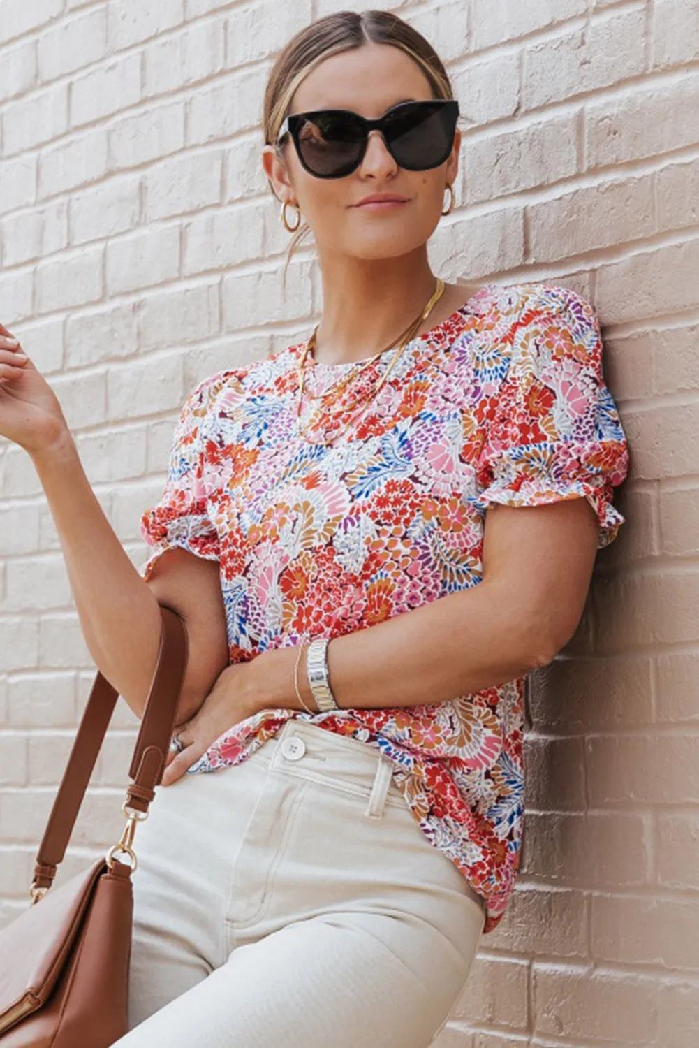 Mix Floral Pattern Bubble Sleeve Blouse