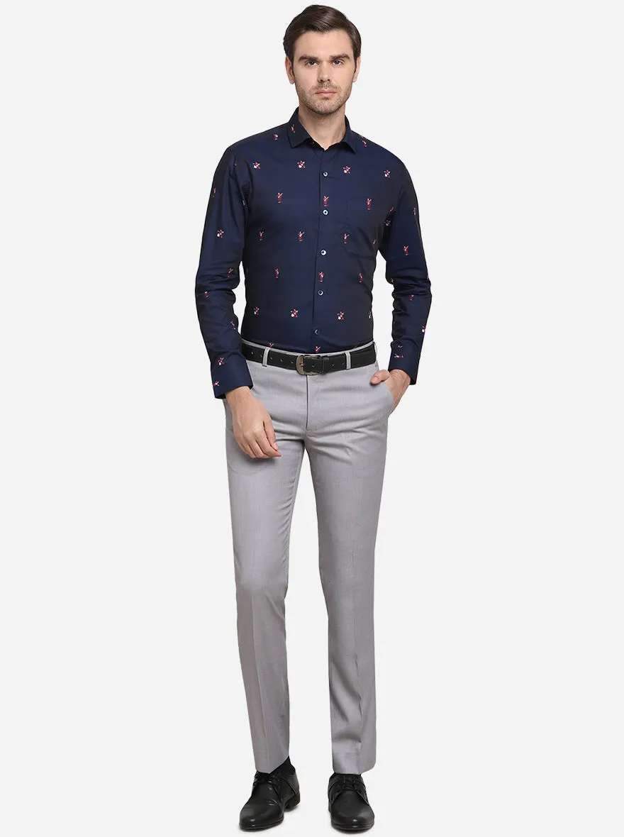 Navy Blue Printed Slim Fit Formal Shirt  | Metal