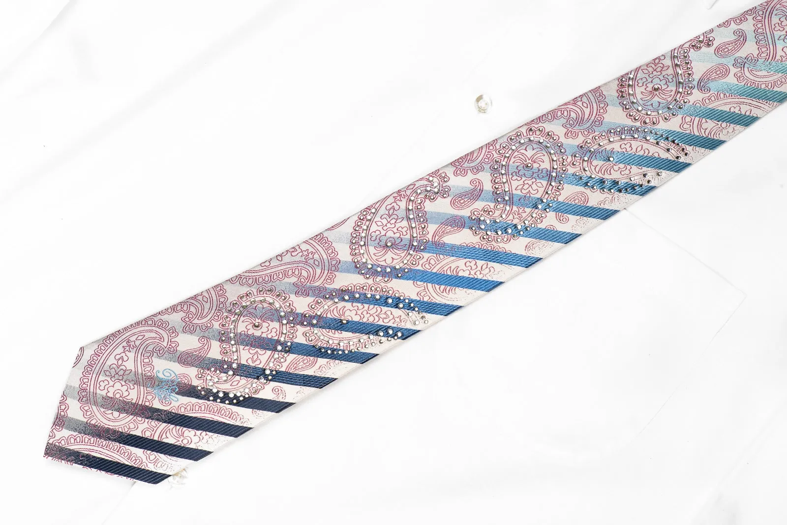 Nina Ricci Men's Crystal Silk Necktie Blue Striped Purple Paisley On White Sparkling With Rhinestones