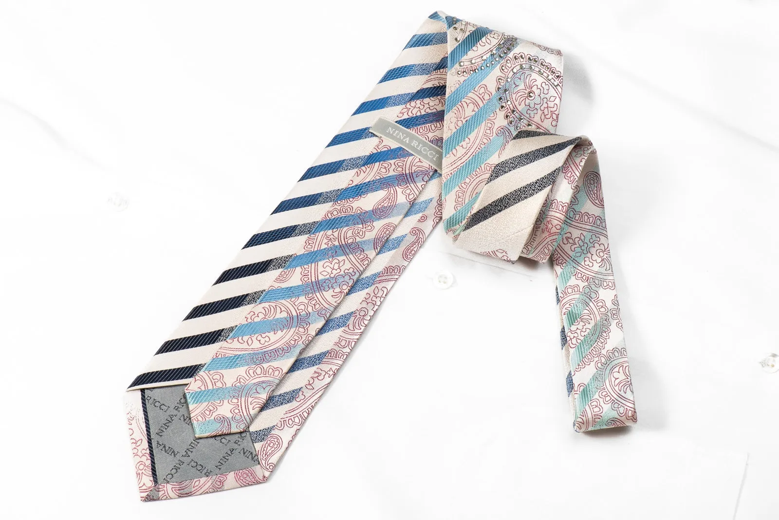 Nina Ricci Men's Crystal Silk Necktie Blue Striped Purple Paisley On White Sparkling With Rhinestones