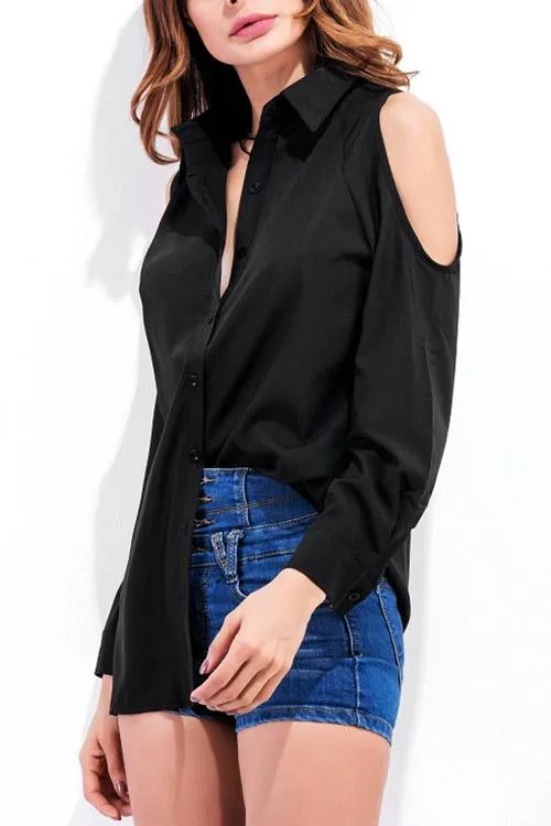 OEM ODM Cold Shoulder Plain Pleated Long Sleeve Black Blouses