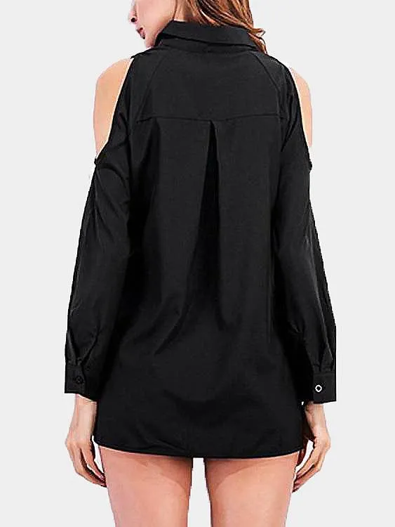 OEM ODM Cold Shoulder Plain Pleated Long Sleeve Black Blouses