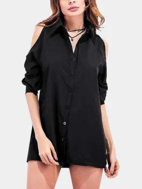 OEM ODM Cold Shoulder Plain Pleated Long Sleeve Black Blouses