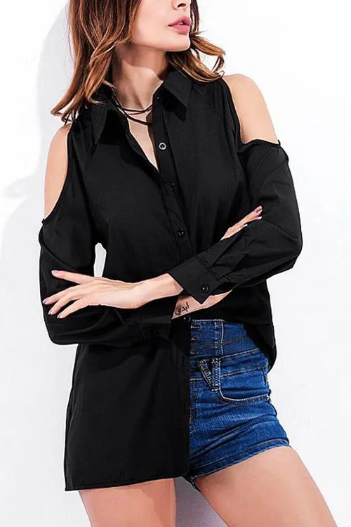 OEM ODM Cold Shoulder Plain Pleated Long Sleeve Black Blouses