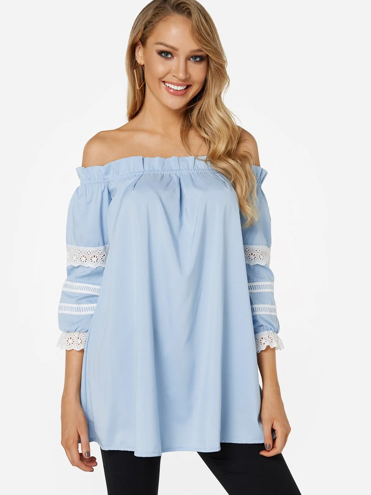 OEM ODM Off The Shoulder Lace 3/4 Sleeve Blue Top