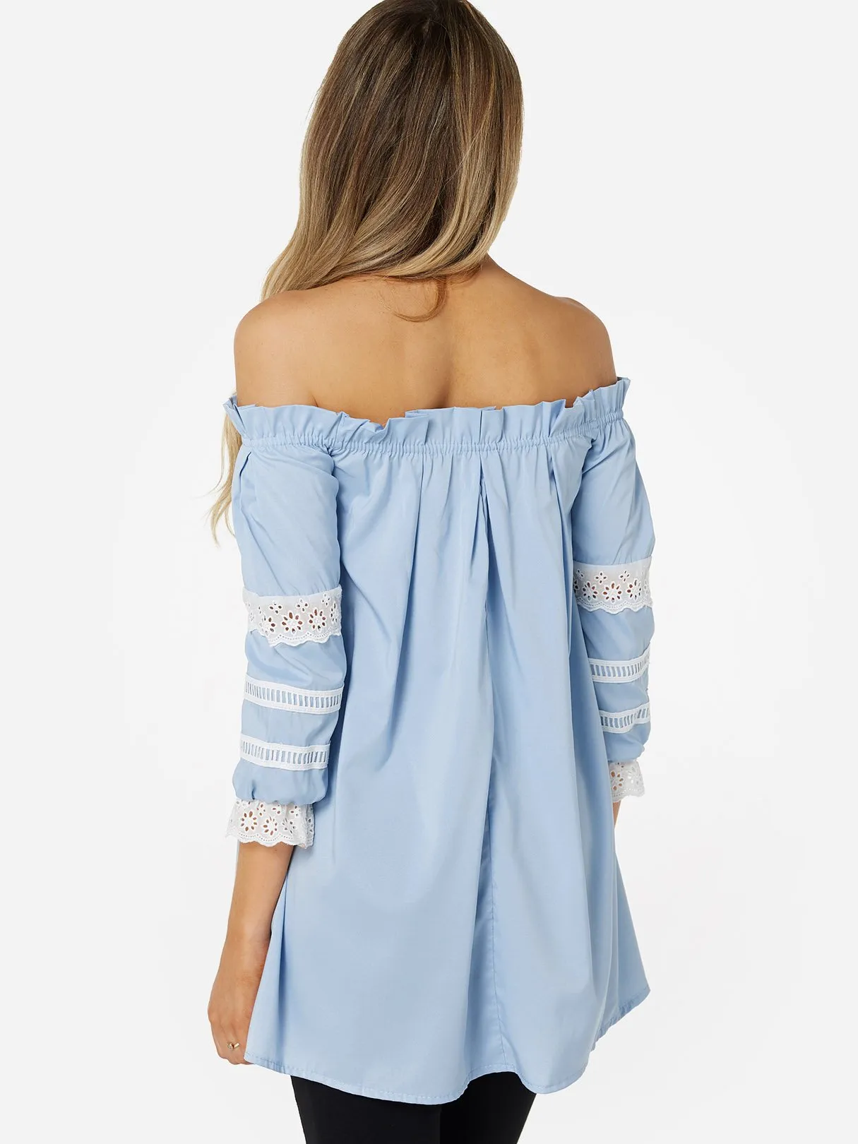 OEM ODM Off The Shoulder Lace 3/4 Sleeve Blue Top