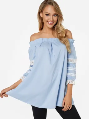 OEM ODM Off The Shoulder Lace 3/4 Sleeve Blue Top