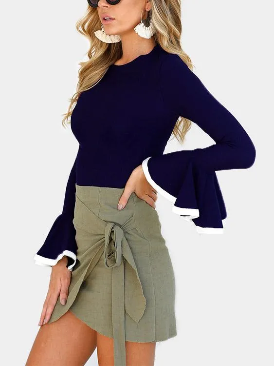 OEM ODM Round Neck Plain Long Sleeve Navy Blouses