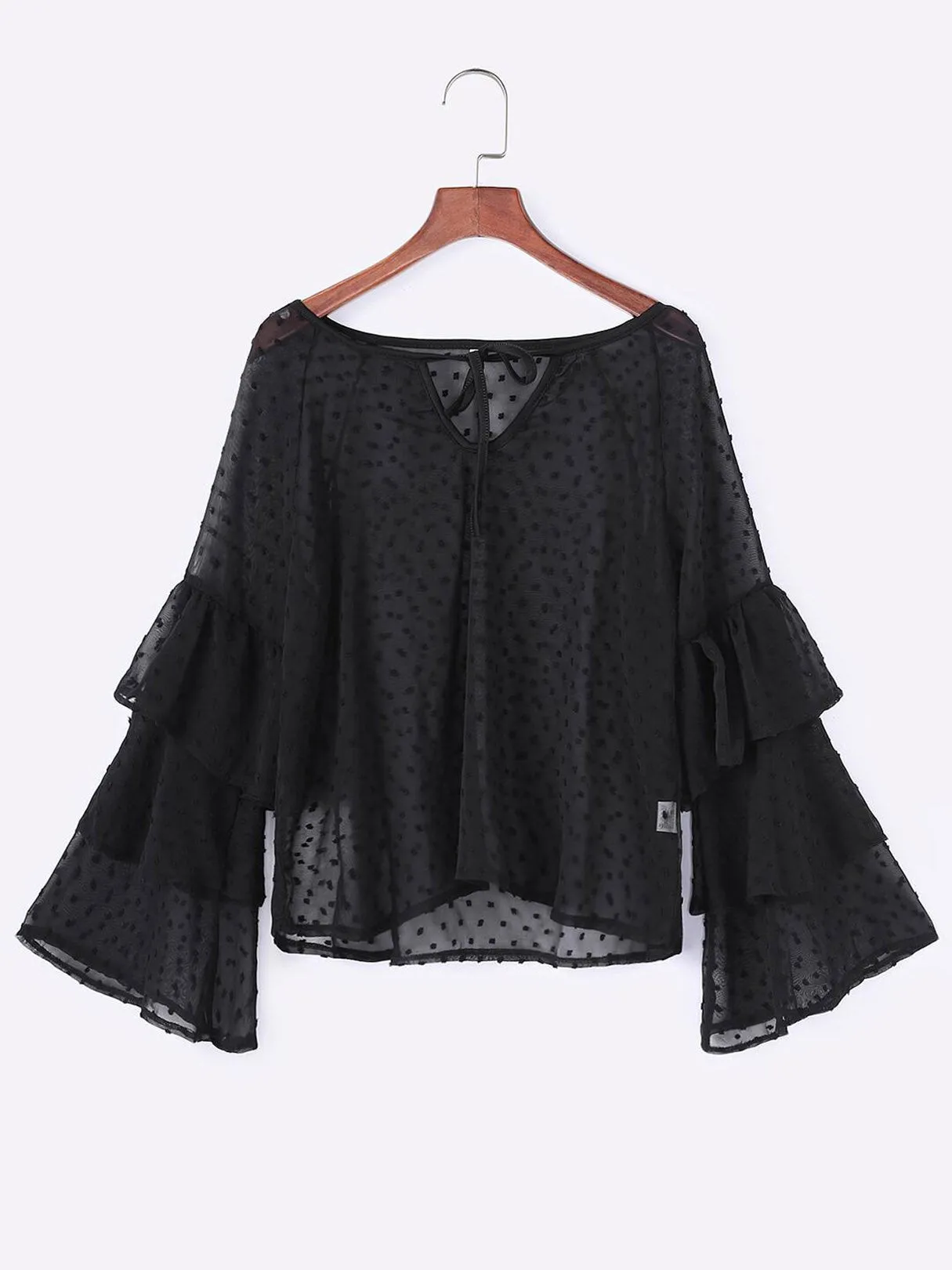 OEM ODM Round Neck Polka Dot Tiered Cut Out Self-Tie Long Sleeve Black Blouses