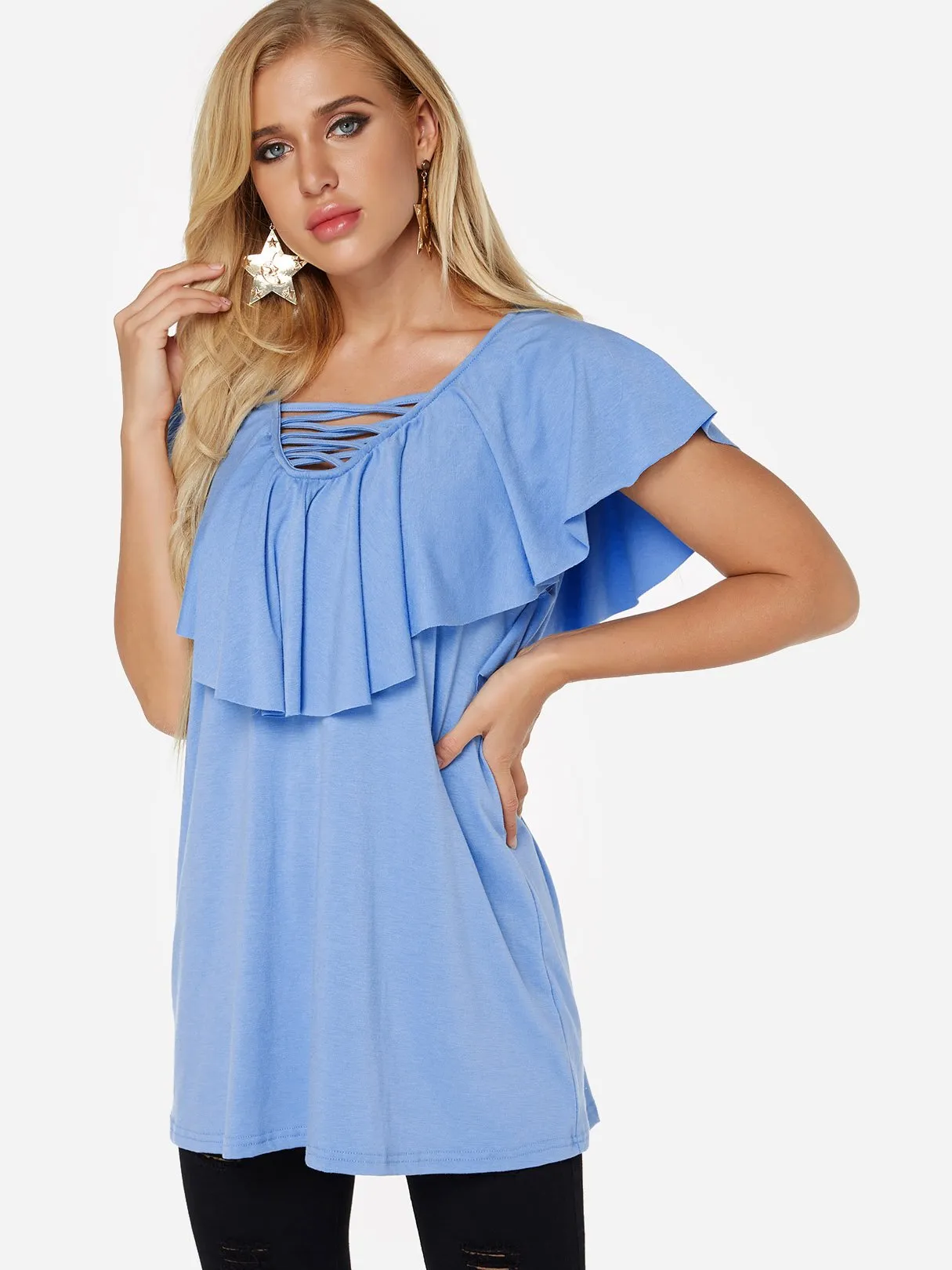 OEM ODM V-Neck Plain Tiered Lace-Up Short Sleeve Curved Hem Blue Top