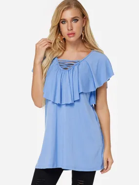 OEM ODM V-Neck Plain Tiered Lace-Up Short Sleeve Curved Hem Blue Top