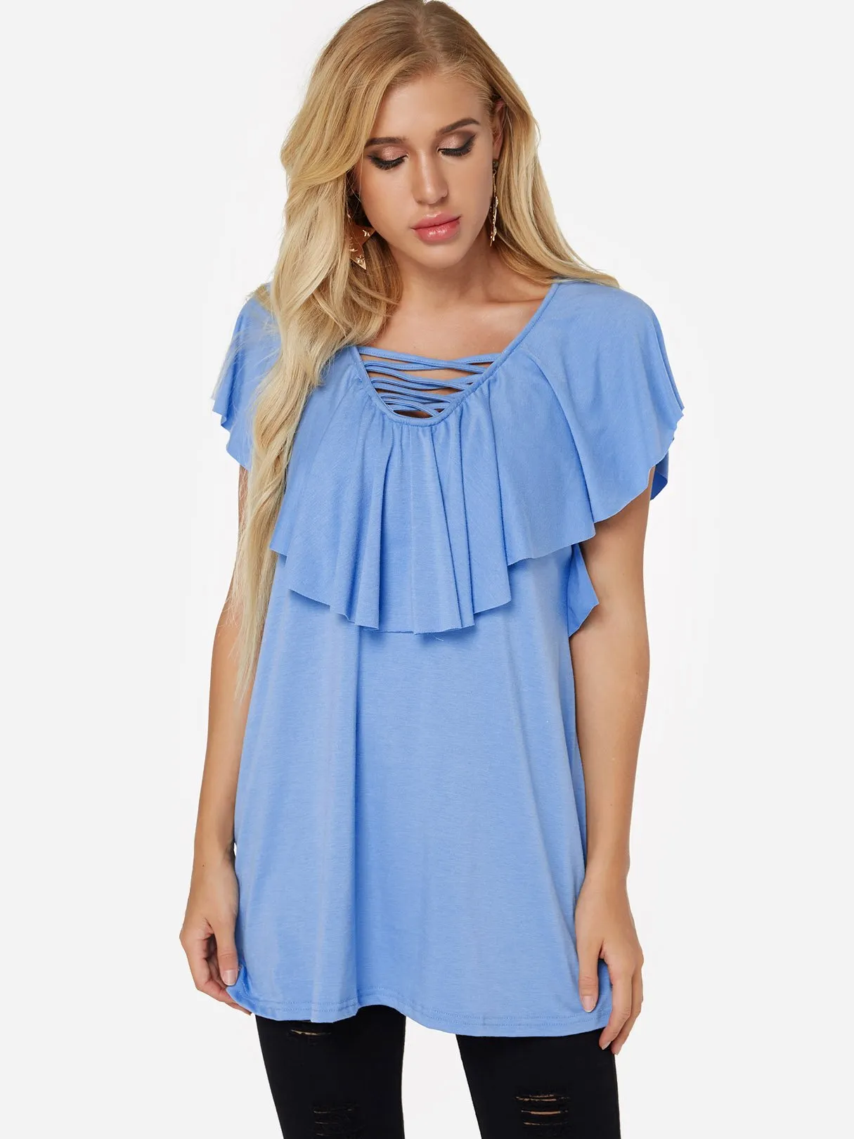 OEM ODM V-Neck Plain Tiered Lace-Up Short Sleeve Curved Hem Blue Top