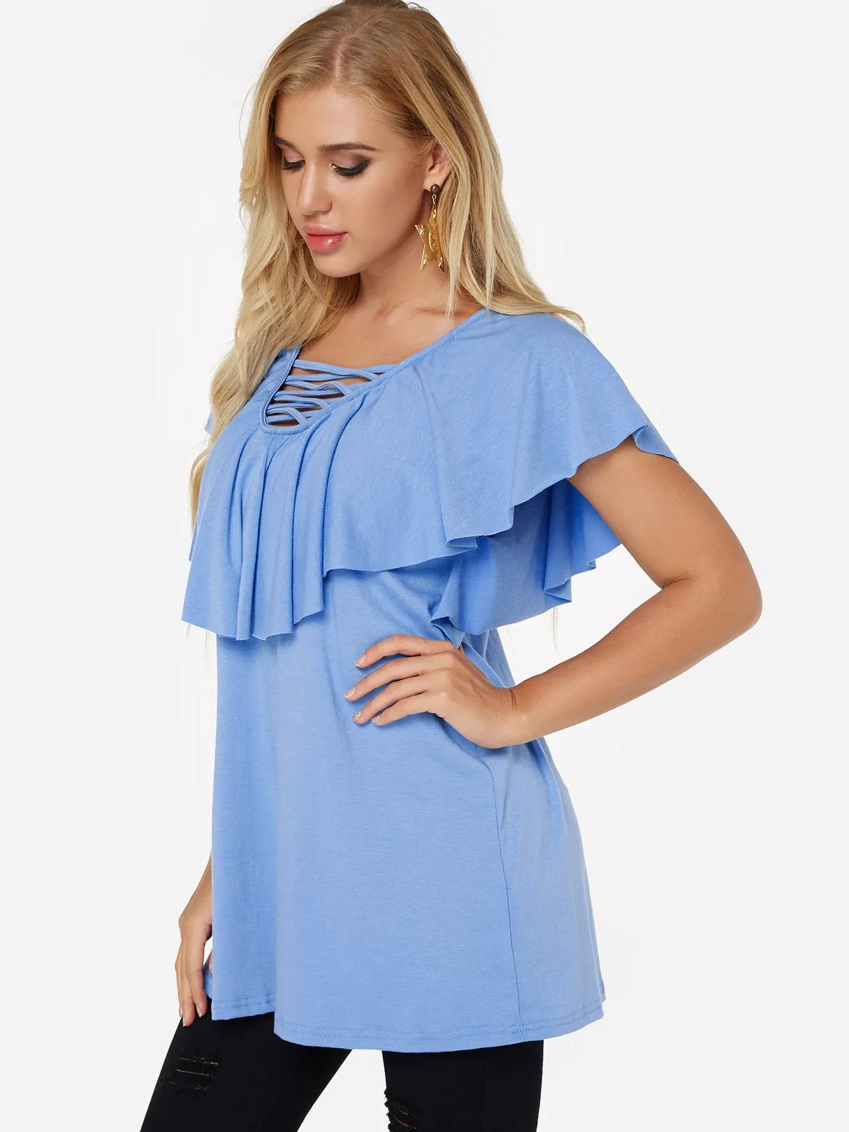 OEM ODM V-Neck Plain Tiered Lace-Up Short Sleeve Curved Hem Blue Top