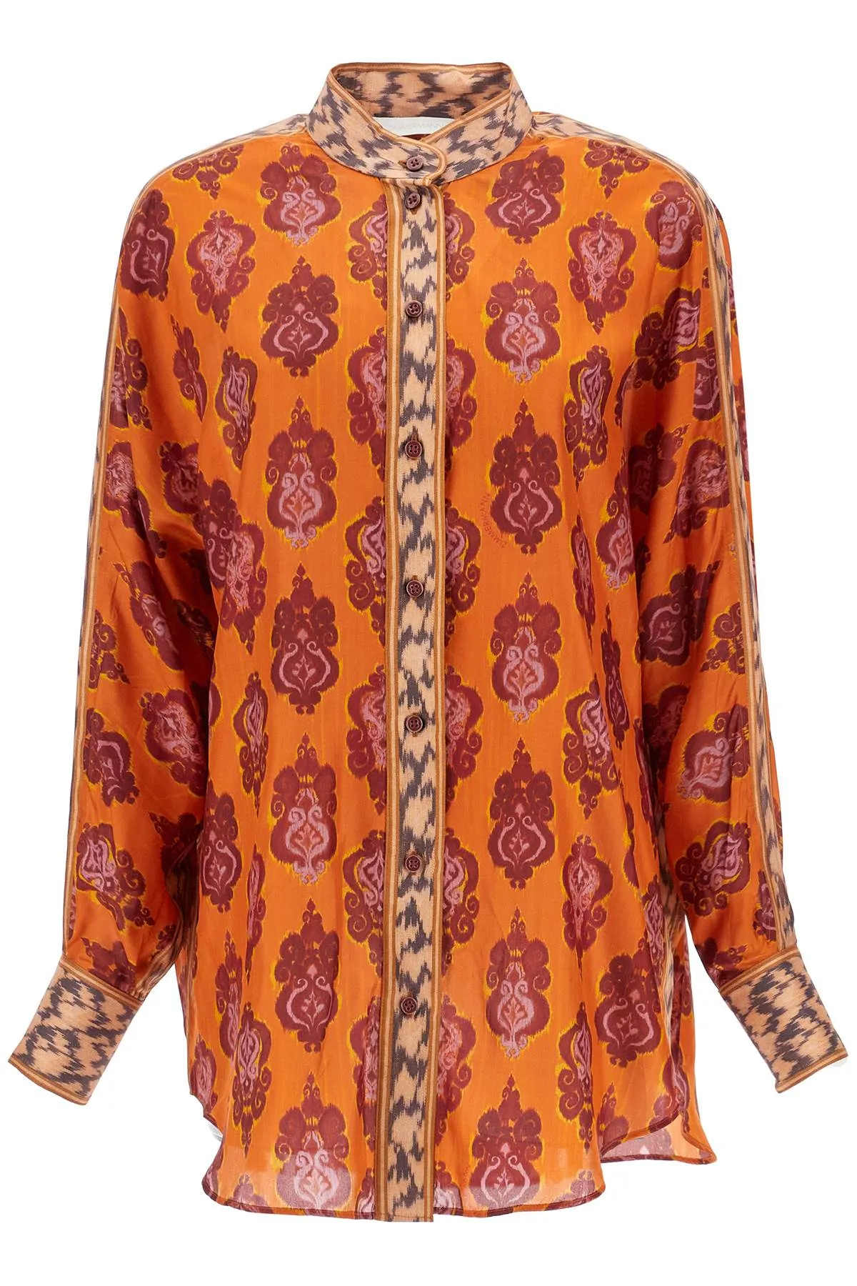 Orange Silk Shirt Ikat Long Sleeve Loose Fit