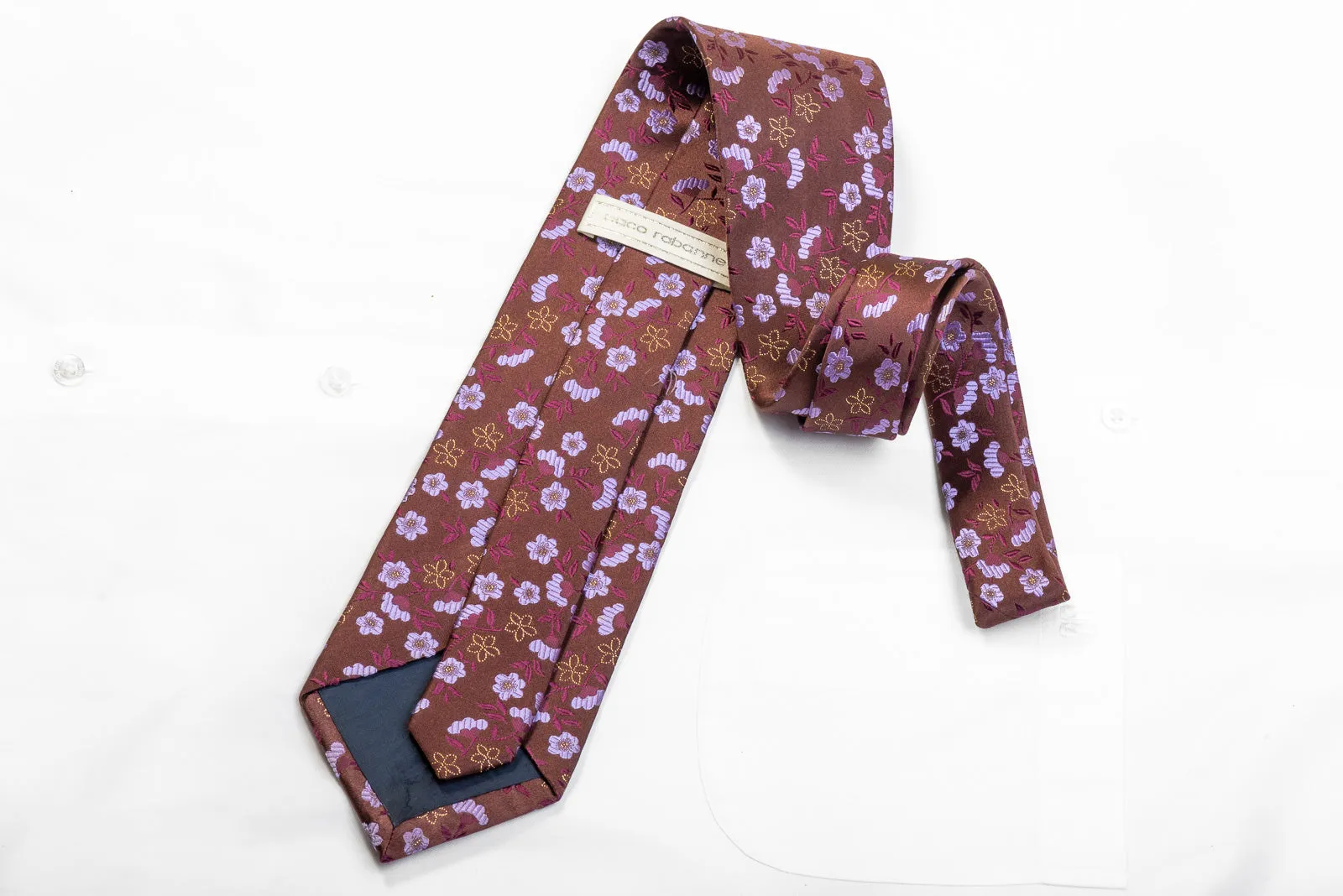 Paco Rabanne Men's Silk Rhinestone Necktie Mauve Floral On Brown With Sparkles