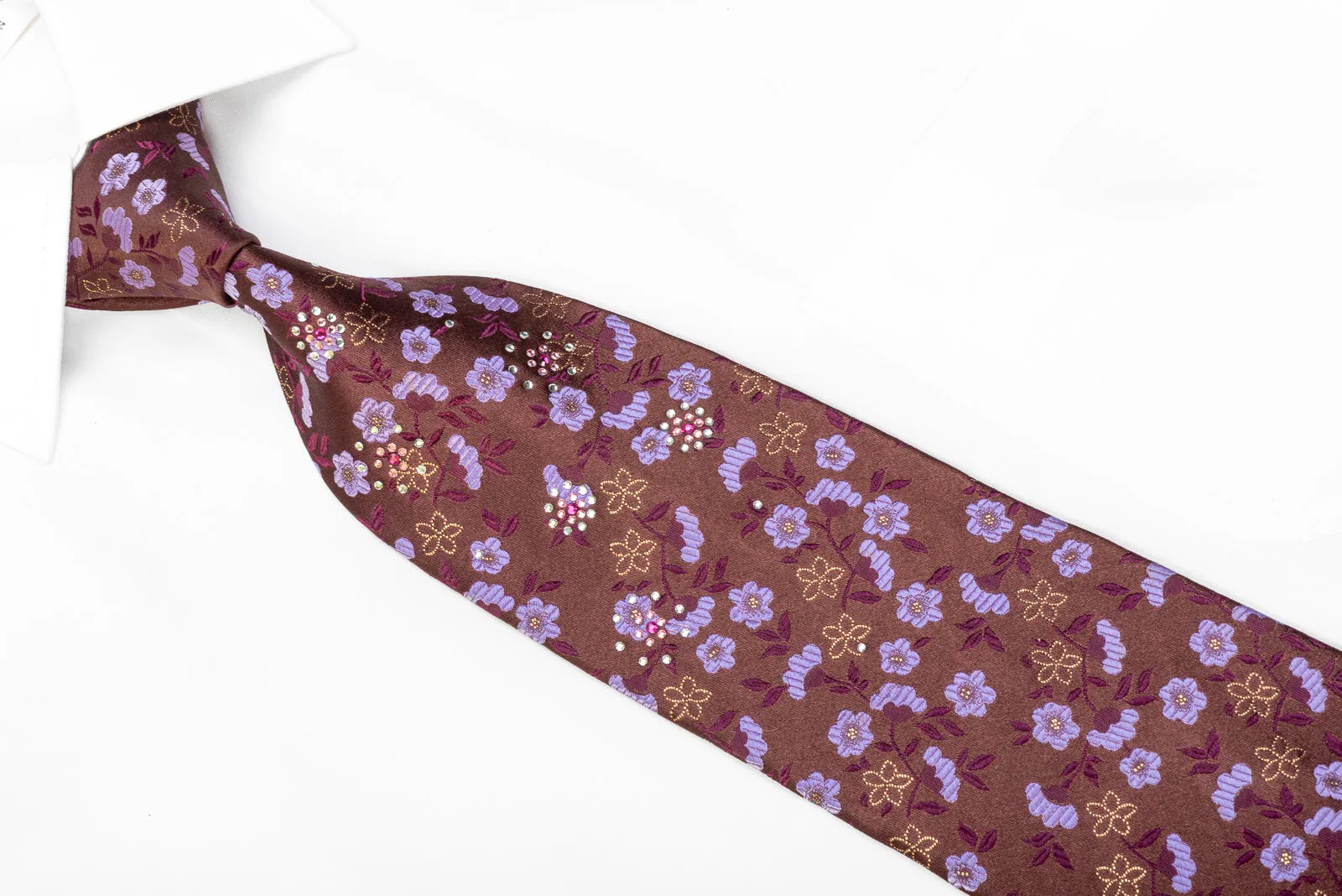 Paco Rabanne Men's Silk Rhinestone Necktie Mauve Floral On Brown With Sparkles