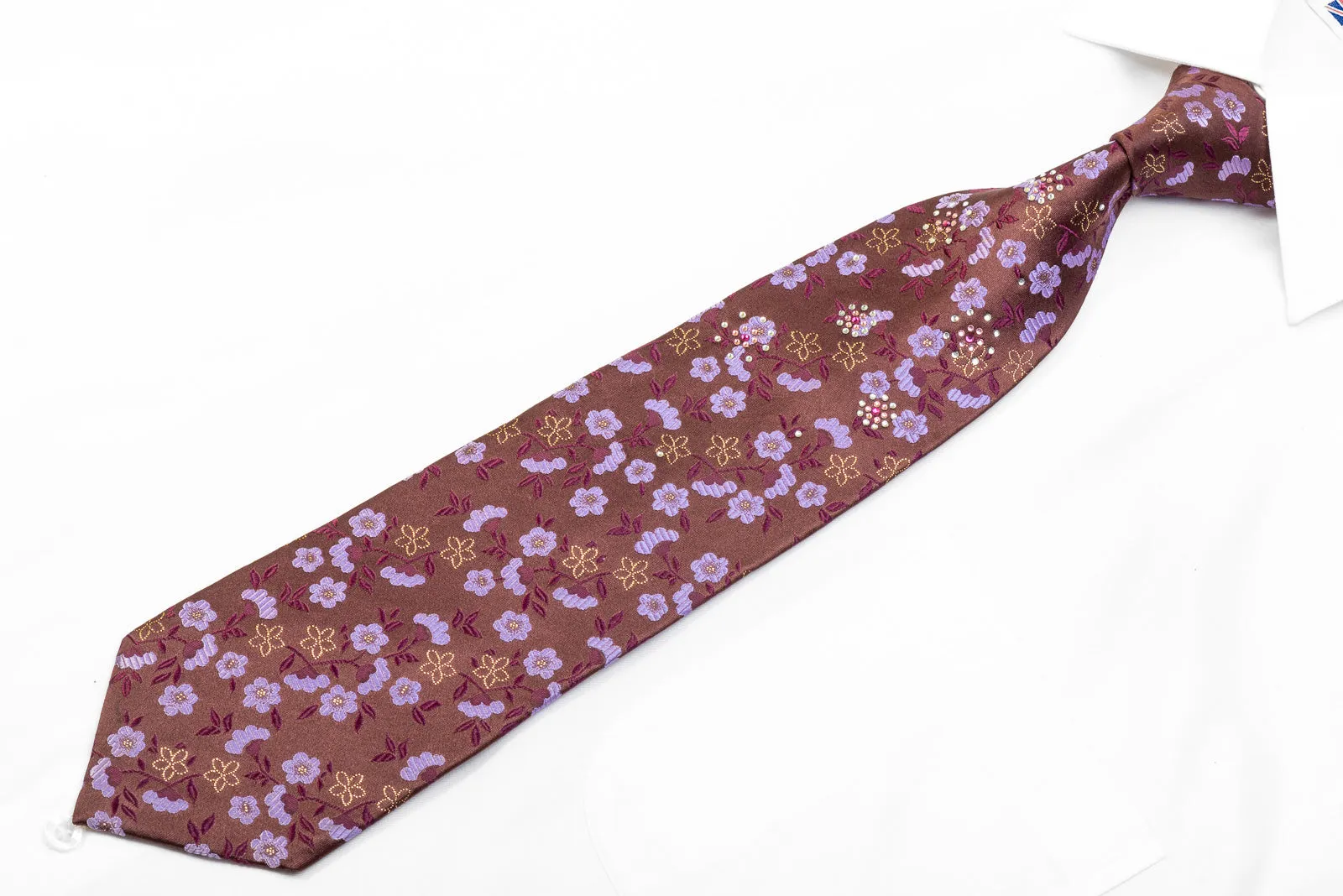 Paco Rabanne Men's Silk Rhinestone Necktie Mauve Floral On Brown With Sparkles