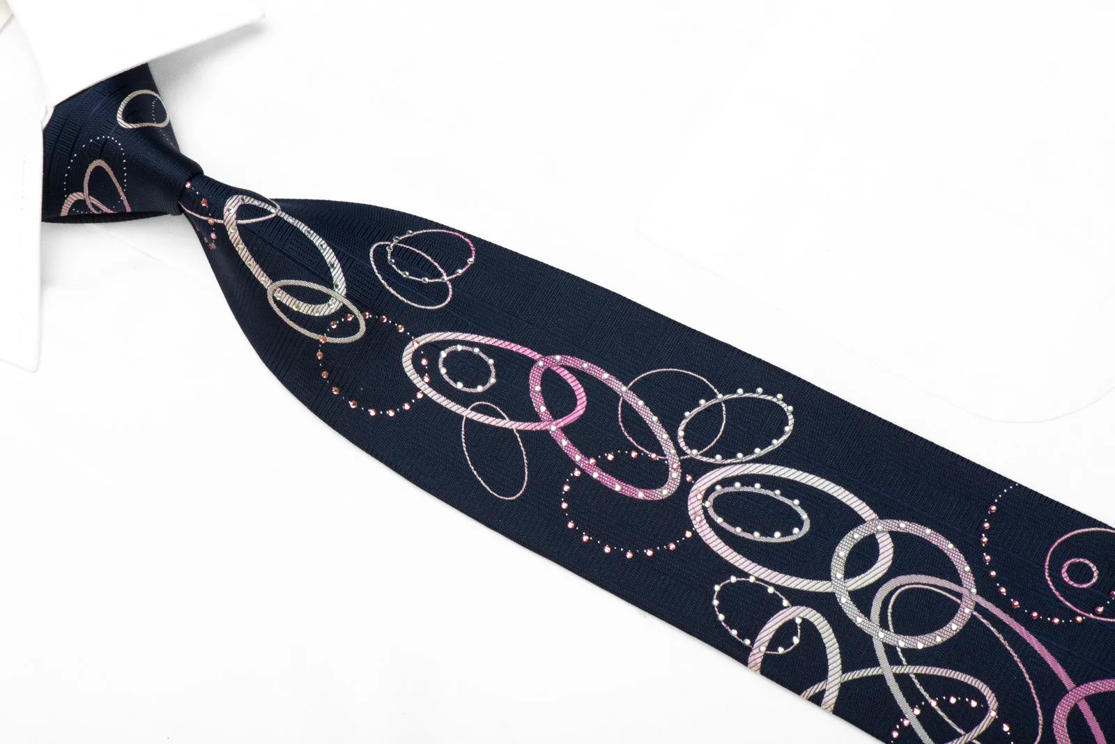 Park Land Rhinestone Silk Necktie Silver Pink Ovals On Blue With Sparkles